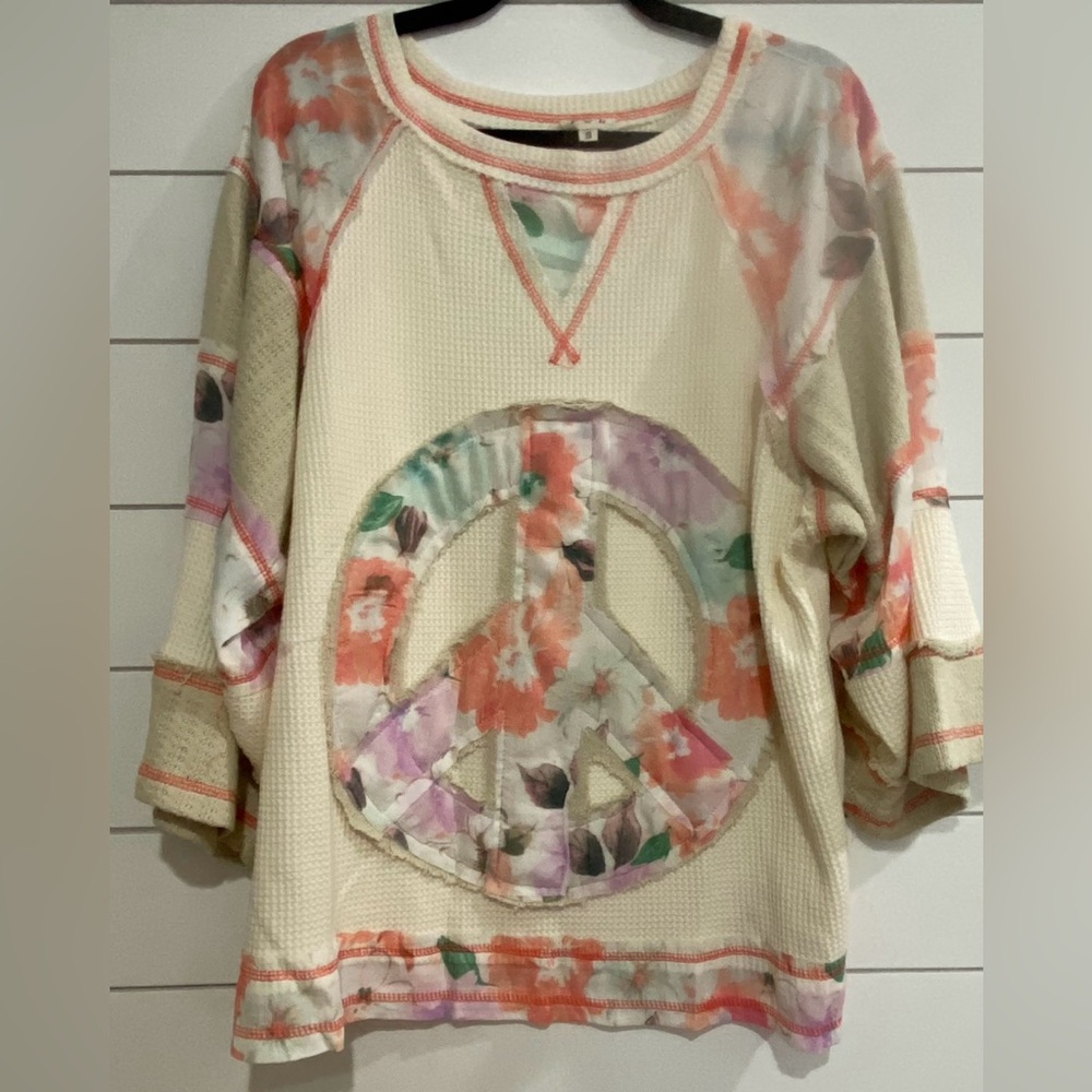 POL Floral Peace Sign Sweatshirt - Cream and Pink